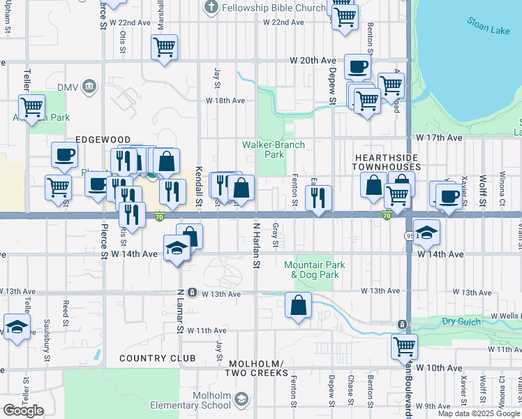 map of restaurants, bars, coffee shops, grocery stores, and more near 1533 North Harlan Street in Lakewood