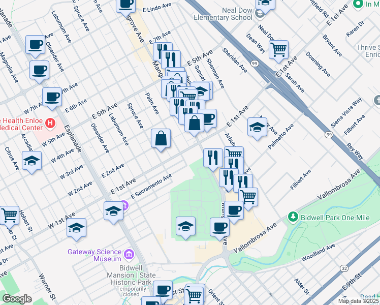 map of restaurants, bars, coffee shops, grocery stores, and more near 567 East 1st Avenue in Chico