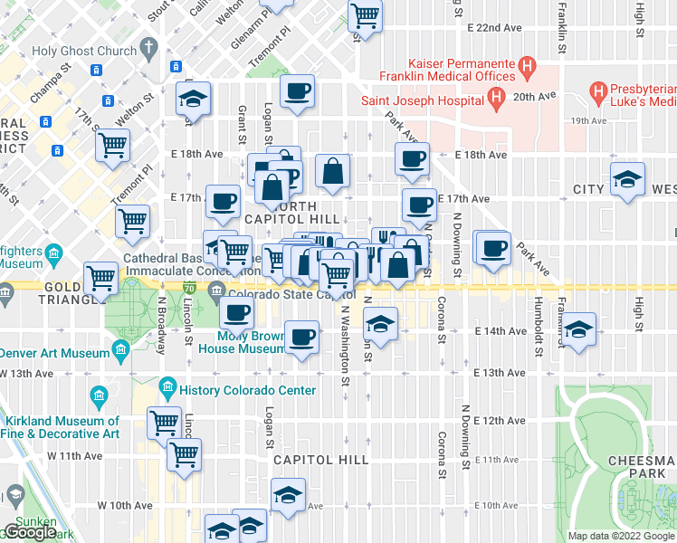 map of restaurants, bars, coffee shops, grocery stores, and more near 1555 North Washington Street in Denver