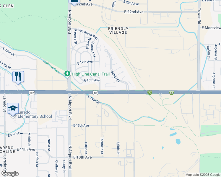map of restaurants, bars, coffee shops, grocery stores, and more near 17411 East 15th Place in Aurora