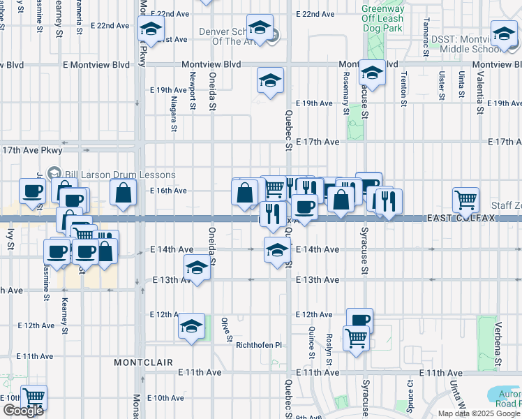 map of restaurants, bars, coffee shops, grocery stores, and more near 1544 Pontiac Street in Denver