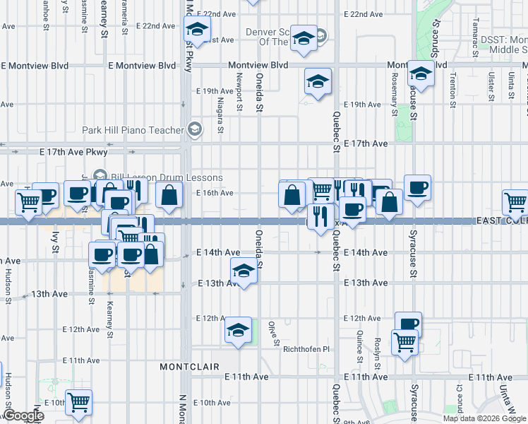 map of restaurants, bars, coffee shops, grocery stores, and more near 1545 Oneida Street in Denver