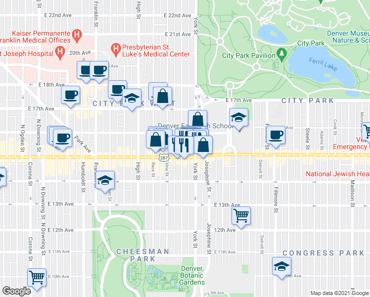 map of restaurants, bars, coffee shops, grocery stores, and more near 1546 North Gaylord Street in Denver