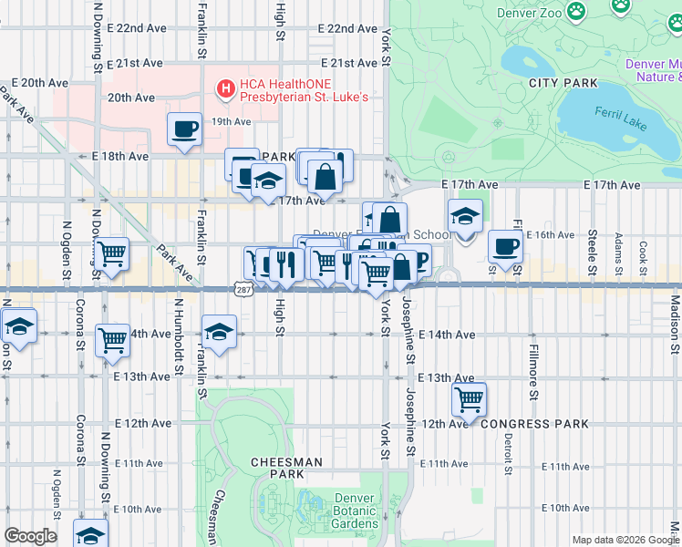 map of restaurants, bars, coffee shops, grocery stores, and more near 1555 Vine Street in Denver