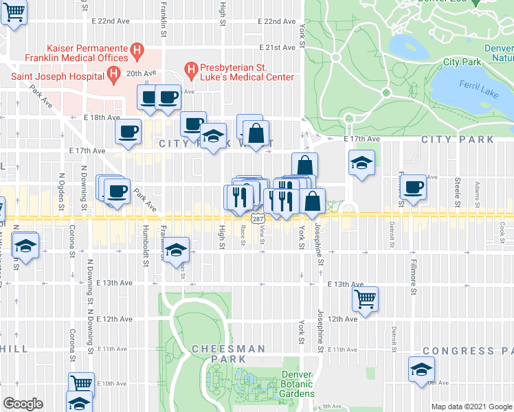 map of restaurants, bars, coffee shops, grocery stores, and more near 1555 Vine Street in Denver