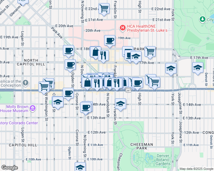 map of restaurants, bars, coffee shops, grocery stores, and more near 1510 Humboldt Street in Denver