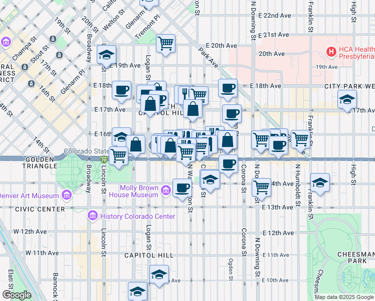 map of restaurants, bars, coffee shops, grocery stores, and more near 1555 North Washington Street in Denver
