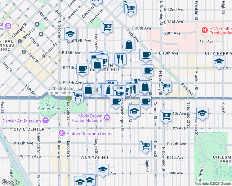 map of restaurants, bars, coffee shops, grocery stores, and more near 1555 North Washington Street in Denver