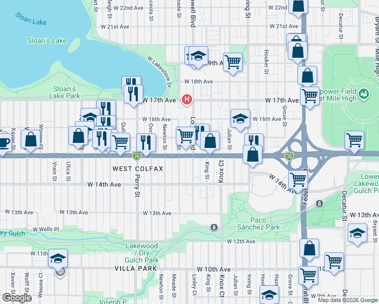 map of restaurants, bars, coffee shops, grocery stores, and more near 1530 Lowell Boulevard in Denver