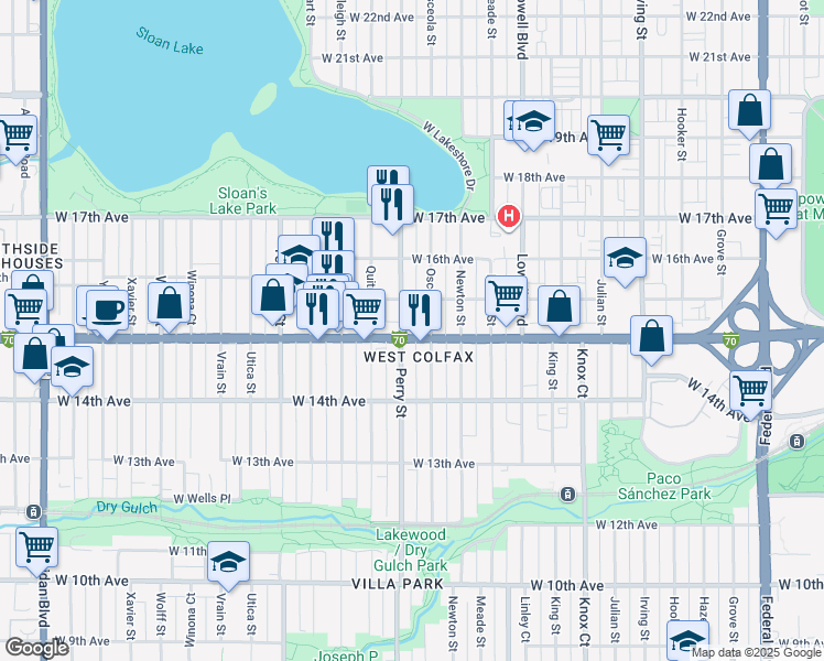 map of restaurants, bars, coffee shops, grocery stores, and more near in Denver