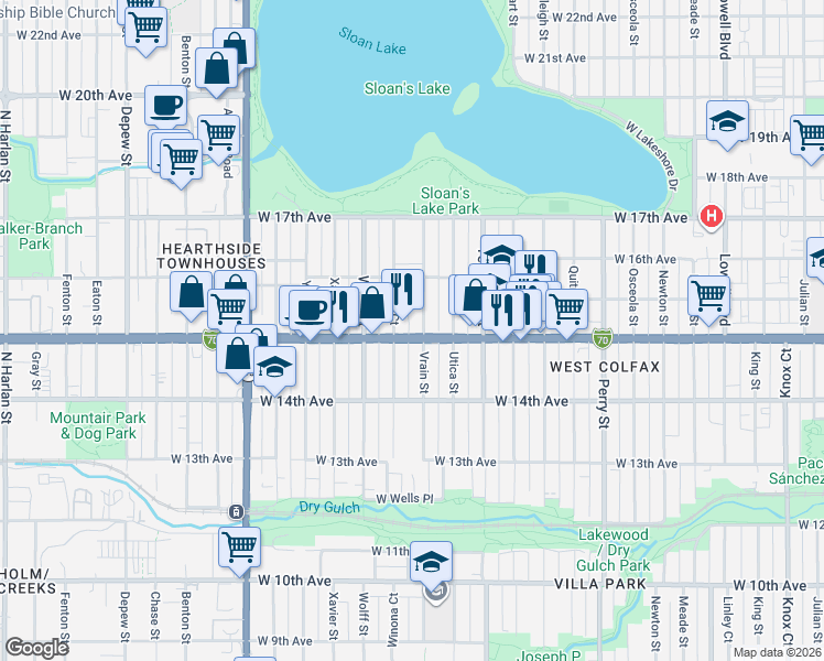map of restaurants, bars, coffee shops, grocery stores, and more near 1515 Vrain Street in Denver