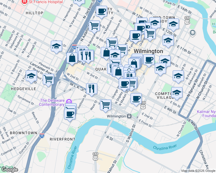 map of restaurants, bars, coffee shops, grocery stores, and more near 401b West 3rd Street in Wilmington