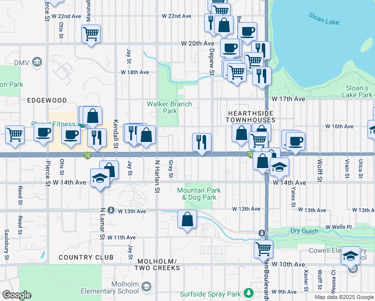 map of restaurants, bars, coffee shops, grocery stores, and more near 5799 West Colfax Avenue in Lakewood
