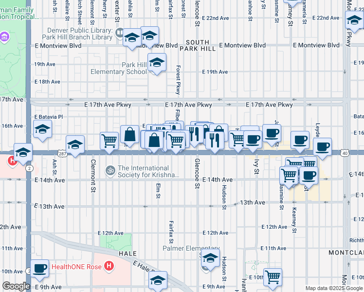 map of restaurants, bars, coffee shops, grocery stores, and more near 1534 Forest Street in Denver