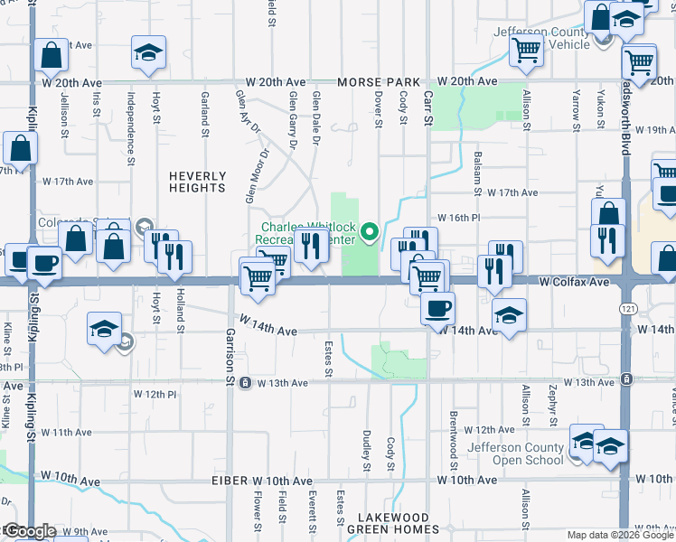 map of restaurants, bars, coffee shops, grocery stores, and more near 1520 Dudley Street in Lakewood
