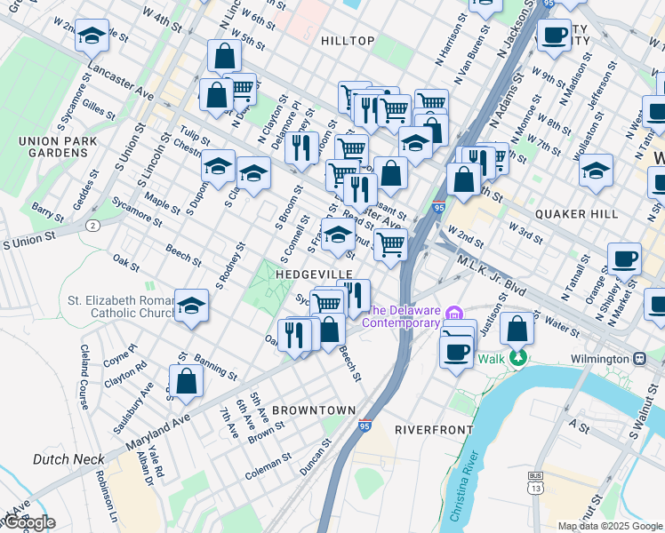 map of restaurants, bars, coffee shops, grocery stores, and more near South Harrison Street in Wilmington