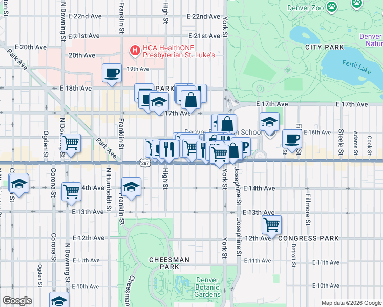 map of restaurants, bars, coffee shops, grocery stores, and more near 1555 Vine Street in Denver