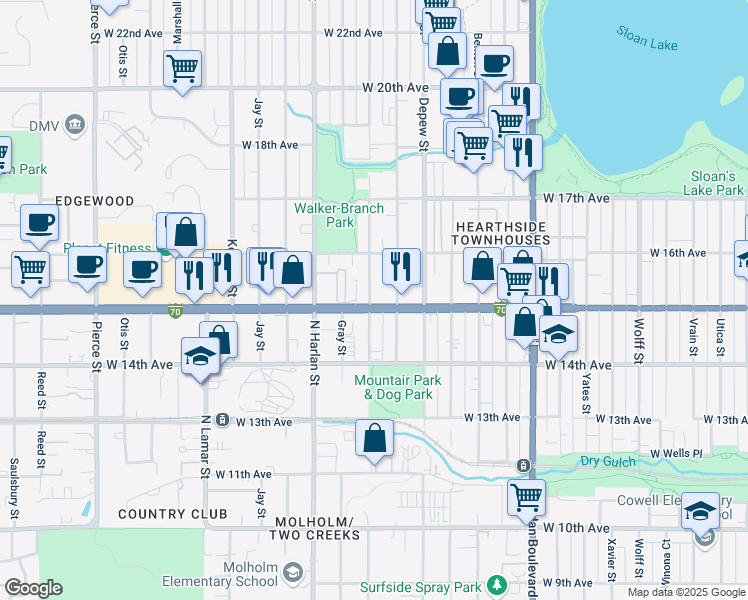 map of restaurants, bars, coffee shops, grocery stores, and more near 5799 West Colfax Avenue in Lakewood