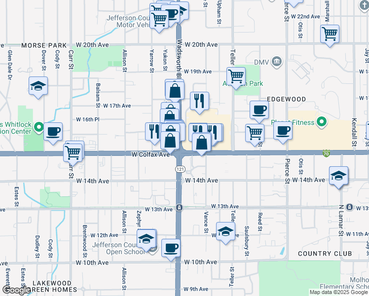 map of restaurants, bars, coffee shops, grocery stores, and more near in Lakewood