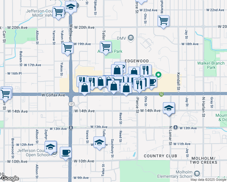 map of restaurants, bars, coffee shops, grocery stores, and more near in Lakewood