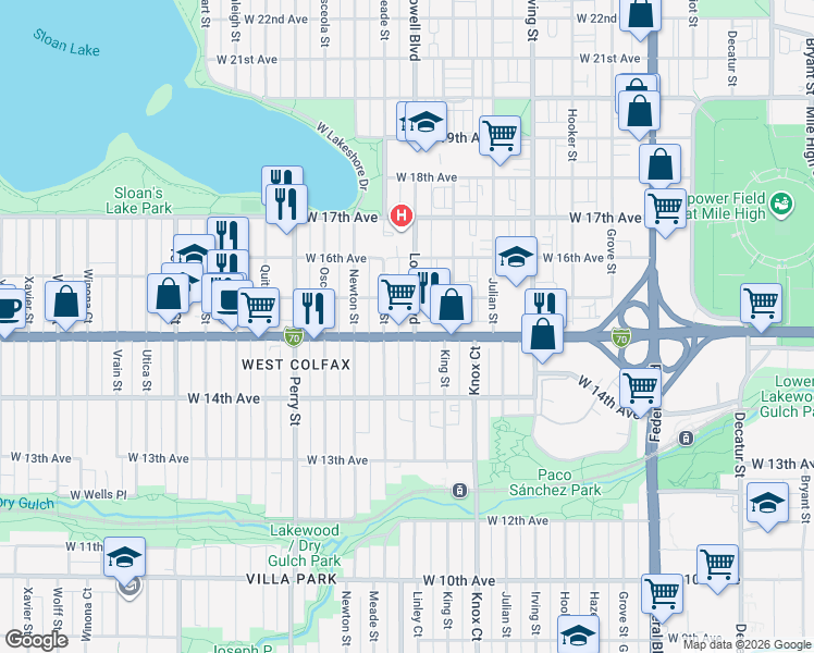 map of restaurants, bars, coffee shops, grocery stores, and more near 1530 Lowell Boulevard in Denver