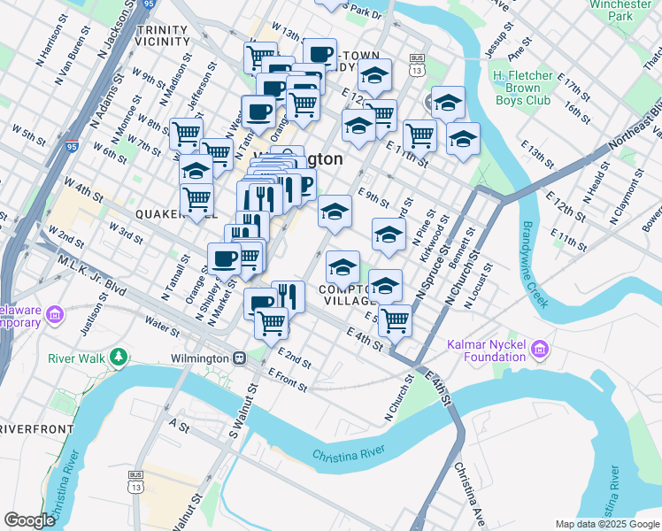 map of restaurants, bars, coffee shops, grocery stores, and more near 650 North Walnut Street in Wilmington