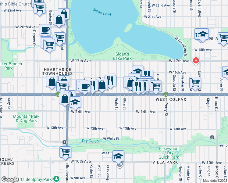 map of restaurants, bars, coffee shops, grocery stores, and more near 1515 Vrain Street in Denver