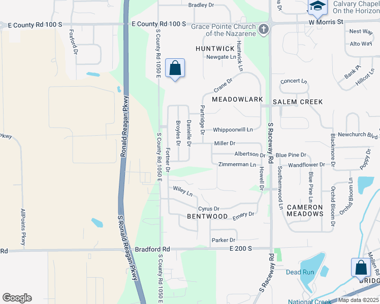 map of restaurants, bars, coffee shops, grocery stores, and more near 1574 Danielle Drive in Indianapolis