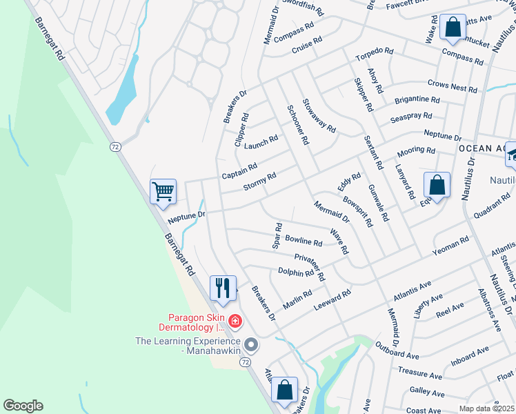 map of restaurants, bars, coffee shops, grocery stores, and more near 177 Neptune Drive in Stafford Township