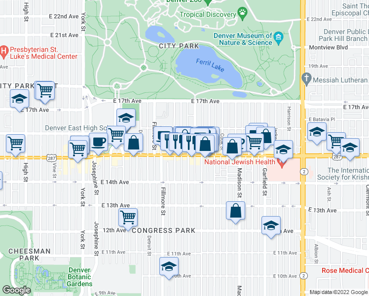 map of restaurants, bars, coffee shops, grocery stores, and more near 1518 St Paul St in Denver