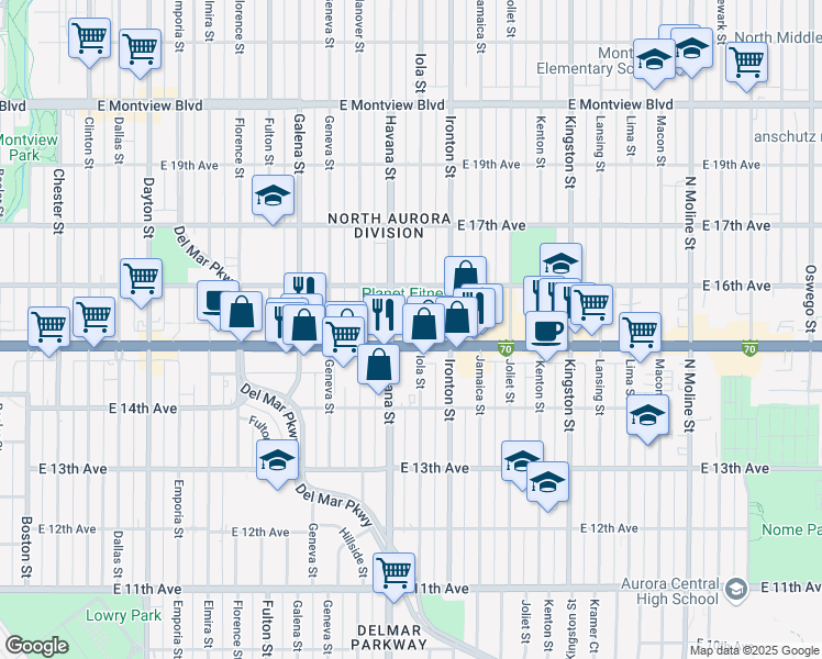 map of restaurants, bars, coffee shops, grocery stores, and more near in Aurora
