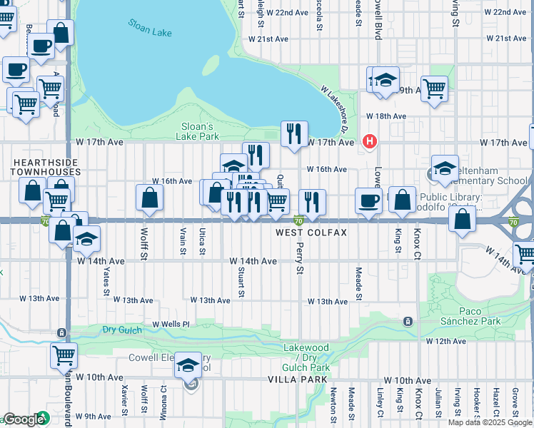 map of restaurants, bars, coffee shops, grocery stores, and more near in Denver
