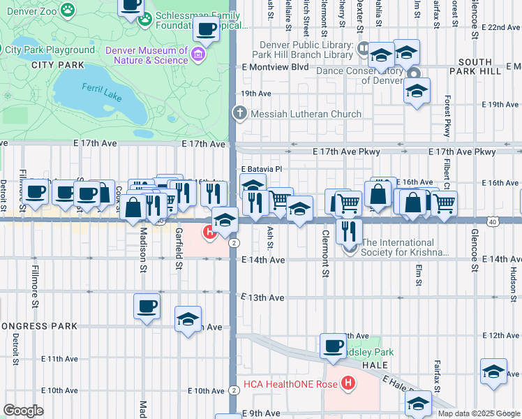 map of restaurants, bars, coffee shops, grocery stores, and more near Albion Street in Denver