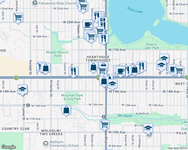 map of restaurants, bars, coffee shops, grocery stores, and more near 1536 Benton Street in Lakewood