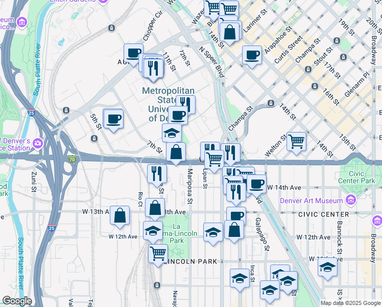 map of restaurants, bars, coffee shops, grocery stores, and more near 930 9th Street Park in Denver