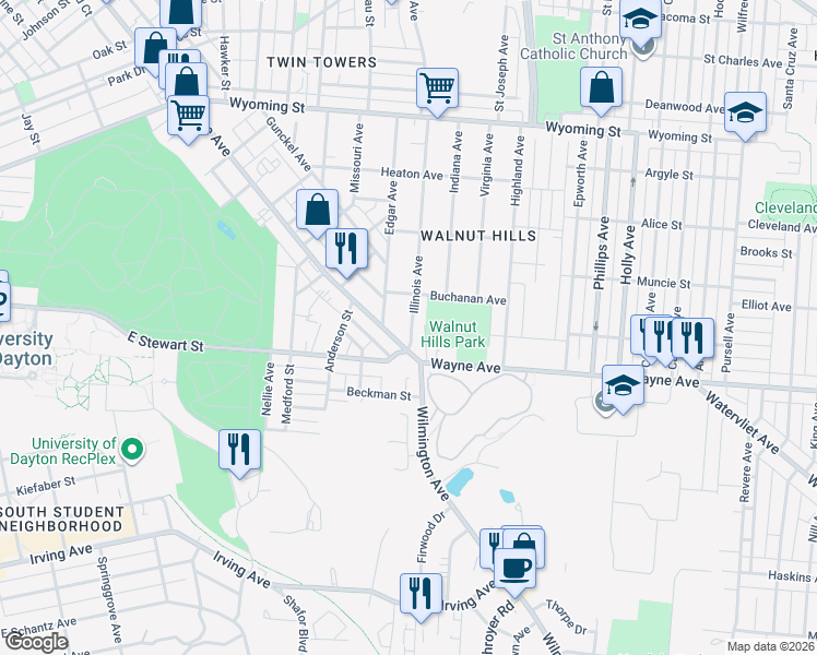 map of restaurants, bars, coffee shops, grocery stores, and more near 339 Illinois Avenue in Dayton