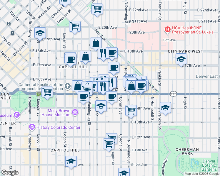 map of restaurants, bars, coffee shops, grocery stores, and more near 1528 Emerson Street in Denver