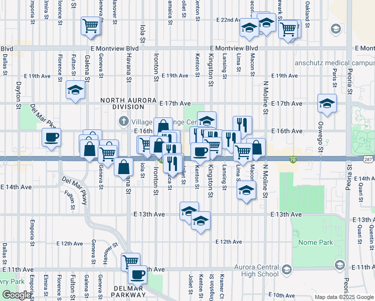 map of restaurants, bars, coffee shops, grocery stores, and more near 10909 East Colfax Avenue in Aurora