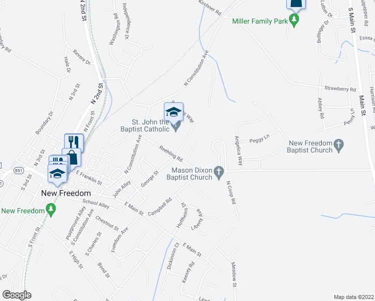 map of restaurants, bars, coffee shops, grocery stores, and more near 5 Nittany Court in New Freedom
