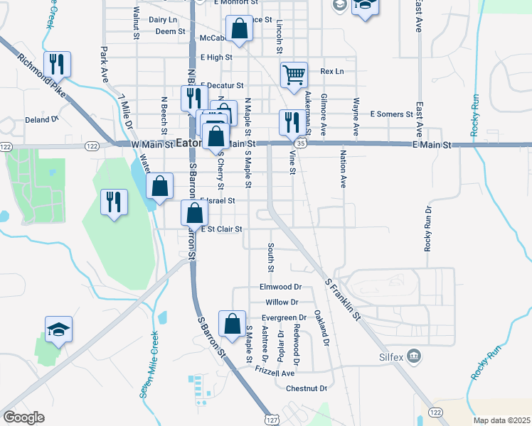 map of restaurants, bars, coffee shops, grocery stores, and more near 300 South Franklin Street in Eaton