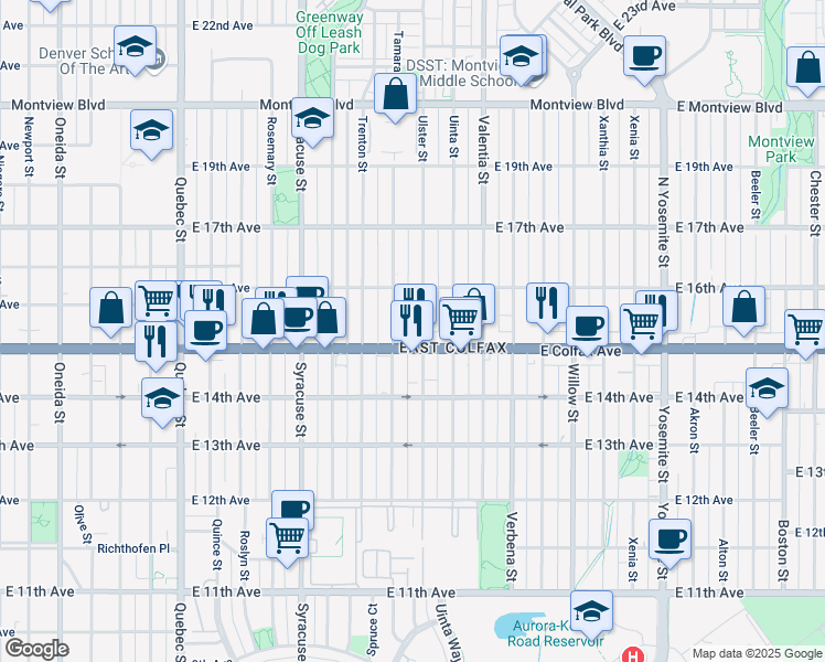 map of restaurants, bars, coffee shops, grocery stores, and more near 1540 Tamarac Street in Denver