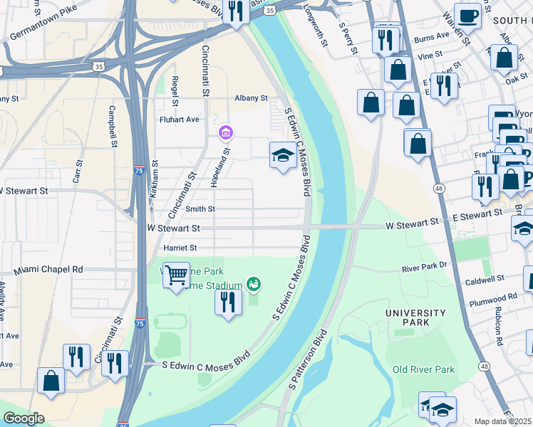 map of restaurants, bars, coffee shops, grocery stores, and more near 281 Smith Street in Dayton