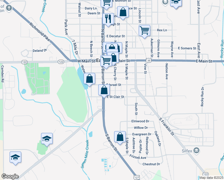 map of restaurants, bars, coffee shops, grocery stores, and more near 306 South Cherry Street in Eaton