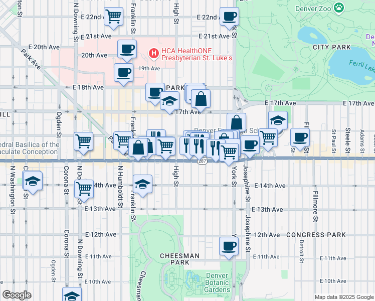 map of restaurants, bars, coffee shops, grocery stores, and more near in Denver