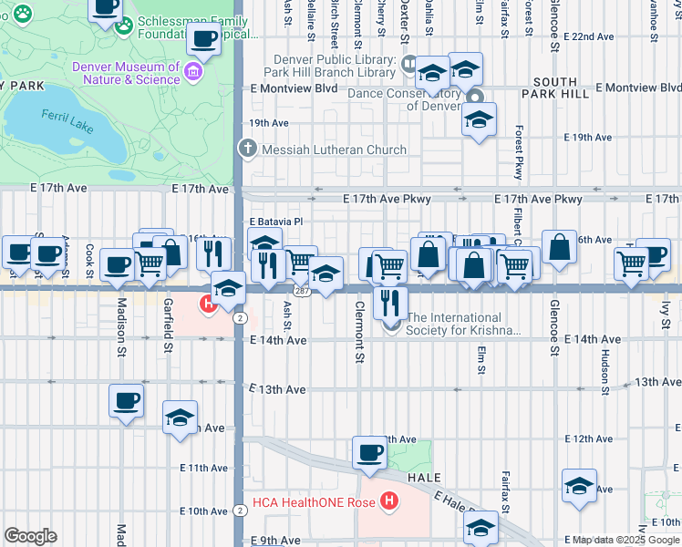 map of restaurants, bars, coffee shops, grocery stores, and more near 1521 Clermont Street in Denver