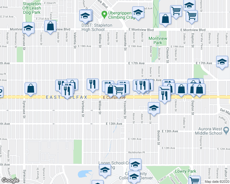 map of restaurants, bars, coffee shops, grocery stores, and more near 1535 Xenia Street in Denver