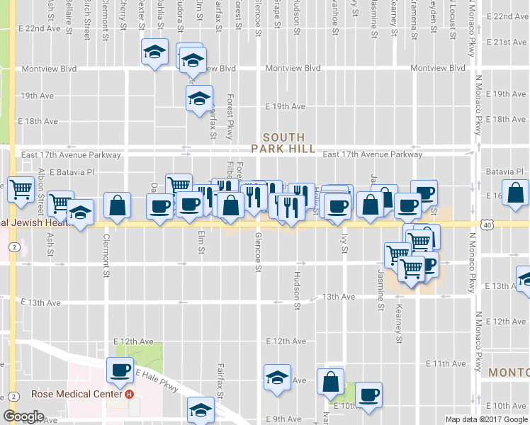 map of restaurants, bars, coffee shops, grocery stores, and more near 1521 Grape Street in Denver