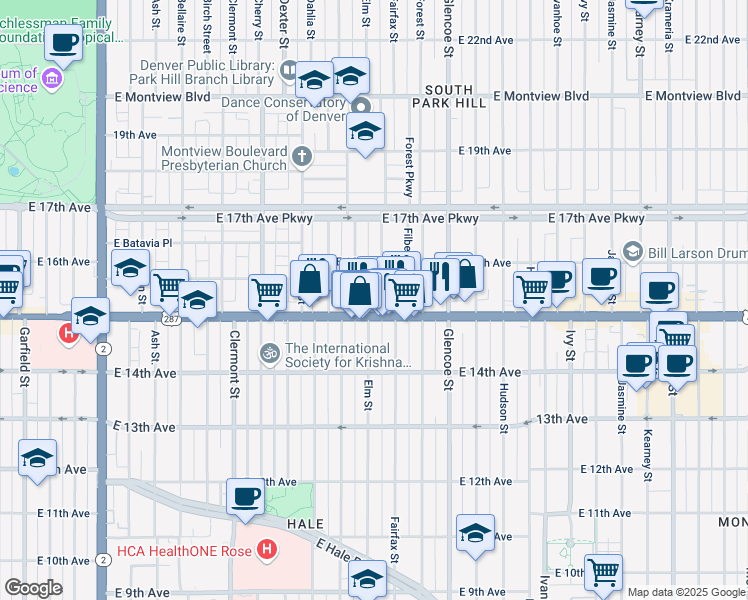 map of restaurants, bars, coffee shops, grocery stores, and more near 1544 Elm Street in Denver
