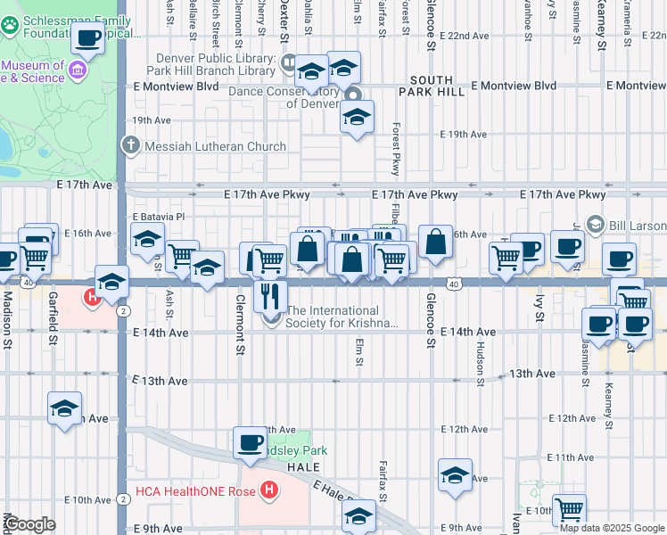 map of restaurants, bars, coffee shops, grocery stores, and more near 1545 Eudora Street in Denver