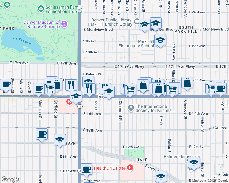 map of restaurants, bars, coffee shops, grocery stores, and more near 1521 Clermont Street in Denver